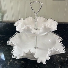 Fenton Silver Crest Ruffled Edge Milk Glass Two Tier Dessert Serving Tray￼