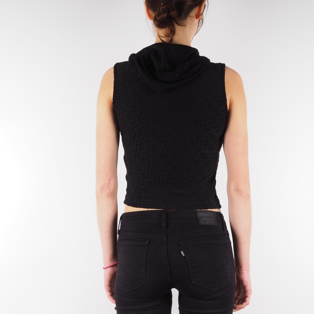 FENDI Vintage Women's Black Velour Crop Zip Monogram Blouse Top