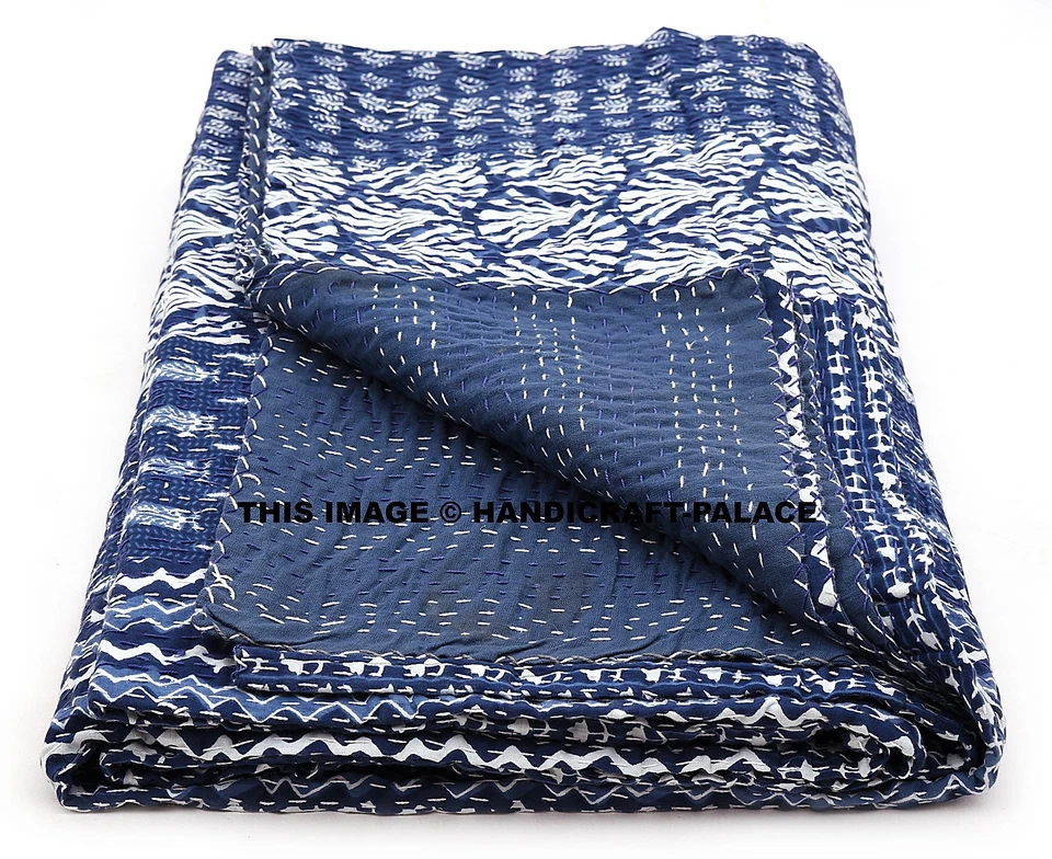 Funda de cama Kantha de algodón con estampado de bloques azul índigo retazos colcha edredón Foto 3 de 3
