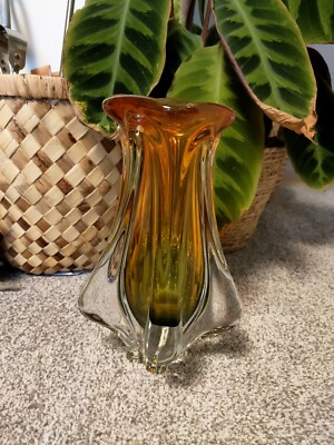Handgefertigte Studio Kunst Glas Vase grün orange & klar von Josef Hospodka Chribska