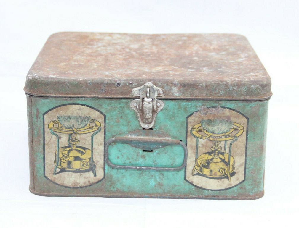 Estufa plegable antigua vintage hermosa paisaje Adv EHS Litho Tin Box/Can Ind...
