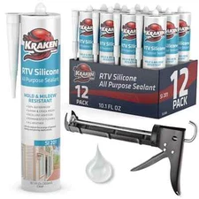 Kraken Bond RTV Silicone + Caulking Gun - 1 Set 10.1oz 12 Pack - Clear