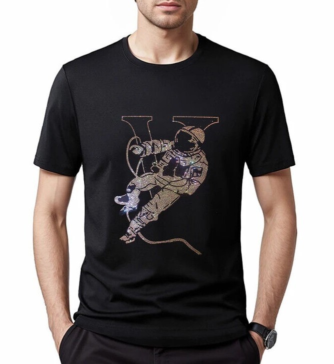 New Men Luxury Diamond Rhinestones Spaceman Fashion Black T-Shirt High Quality