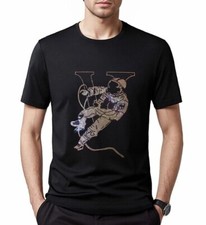 New Men Luxury Diamond Rhinestones Spaceman Fashion Black T-Shirt High Quality