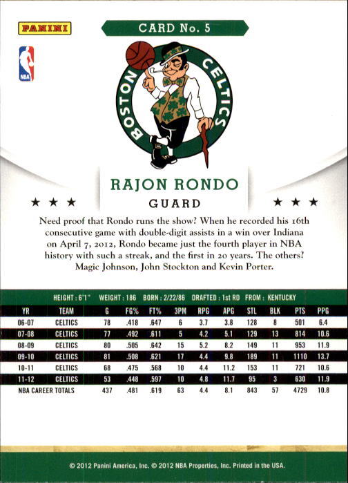 2012-13 Hoops Boston Celtics Basketball Card #5 Rajon Rondo | eBay