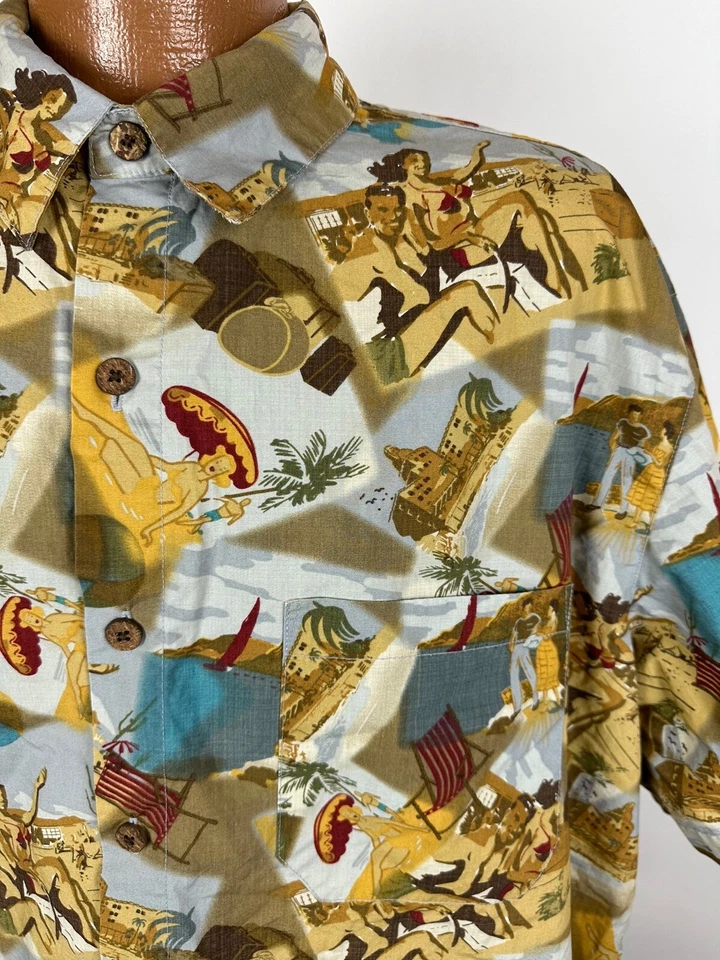 Vintage 90s Hawaiian Shirt Men XL Bikini Beach Postcard Collage Roundtree Yorke - Image 4 of 4