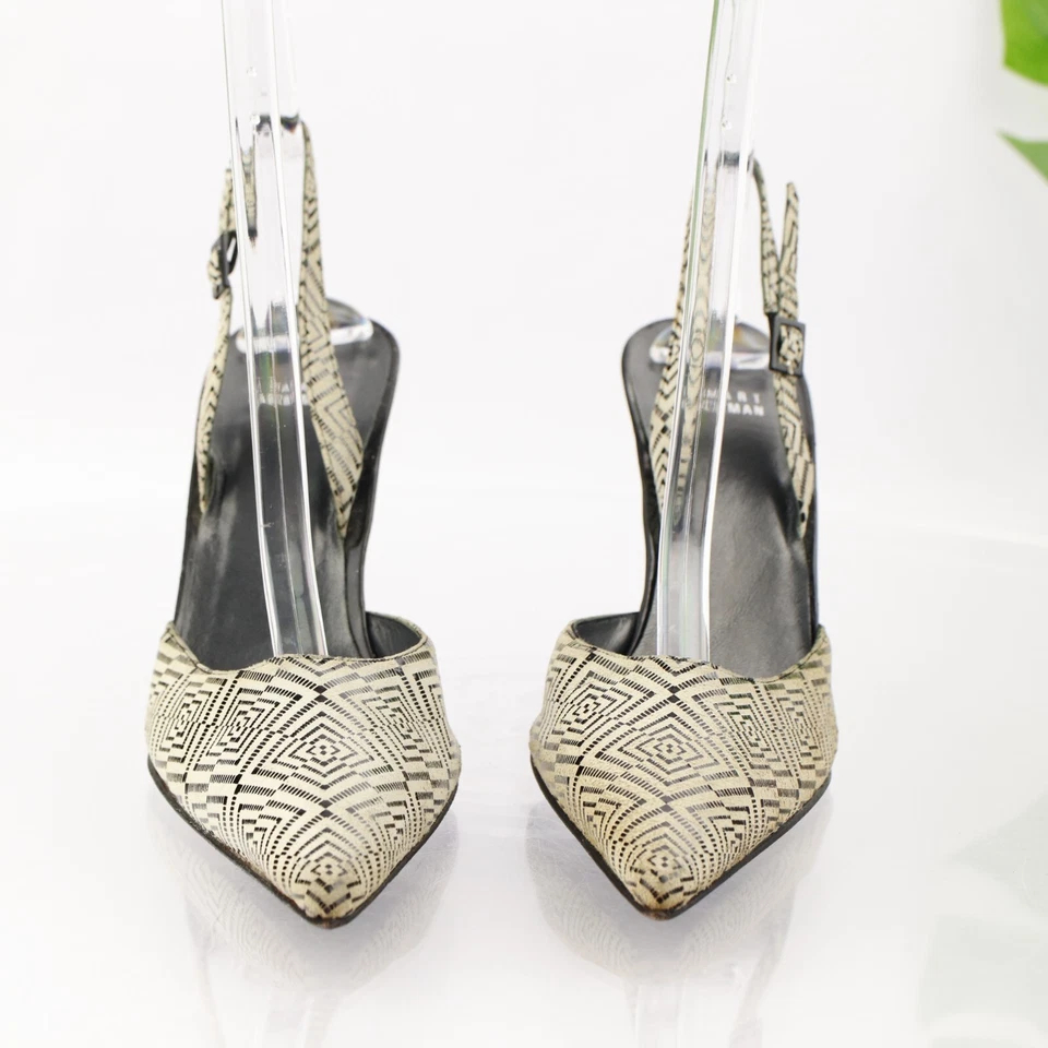 Zapatos de salón Stuart Weitzman para mujer talla 8,5 negro blanco estampado tacón D'orsay en punta Y2K Foto 2 de 4