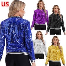 US Women Sequin Jacket Sparkle Front Zip Casu...
