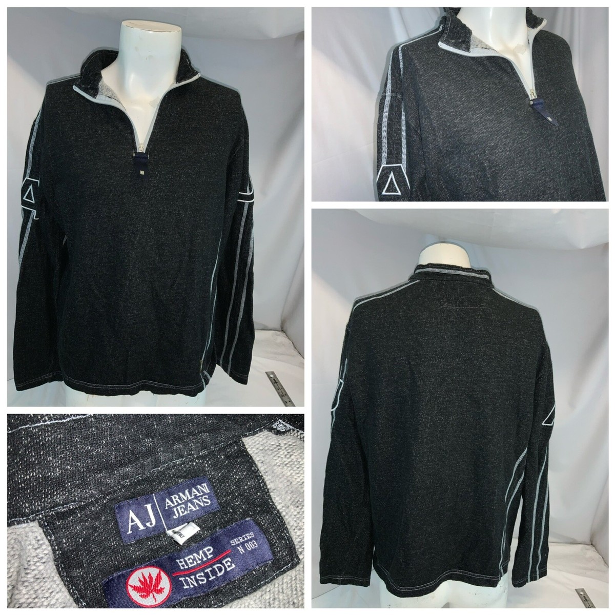 Armani Jeans Sweater Pullover L Men Black ¼ Zip Cotton Hemp Armani Jeans Sweater Pullover L Men Black ¼ Zip Cotton Hemp