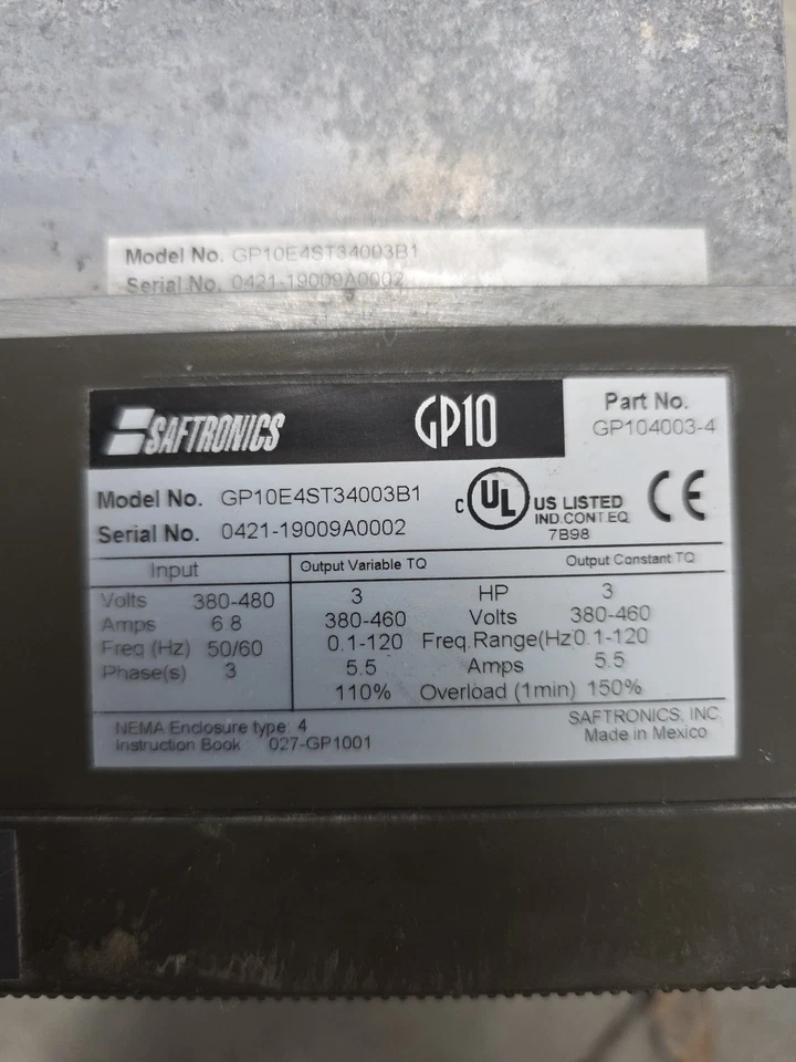 SAFTRONICS GP10E4ST34003B1 380-480V 3 FASES 3 HP NEMA 4 Foto 2 de 3