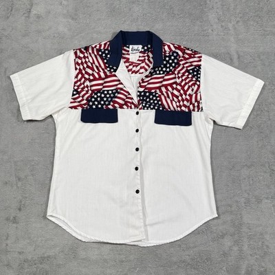 VTG Tapestry USA Flag Button Shirt Womens M Patriotic Western Americana Top Boho