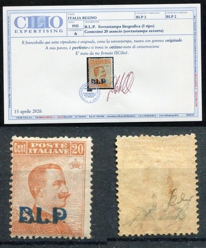 KINGDOM OF ITALY 1921 B.L.P. CENT 20 ORANGE I° TYPE MLH* CAT. 2
