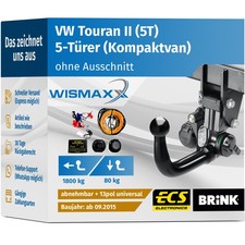 ANHÄNGERKUPPLUNG für VW Touran 5T ab 15 vert. abnehmbar BRINK +13pol E-Satz ABE