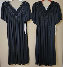 SHADOWLINE Nightgown Robe Set Size M/L Black Silky Nylon Flutter Sleeve Lace NWT