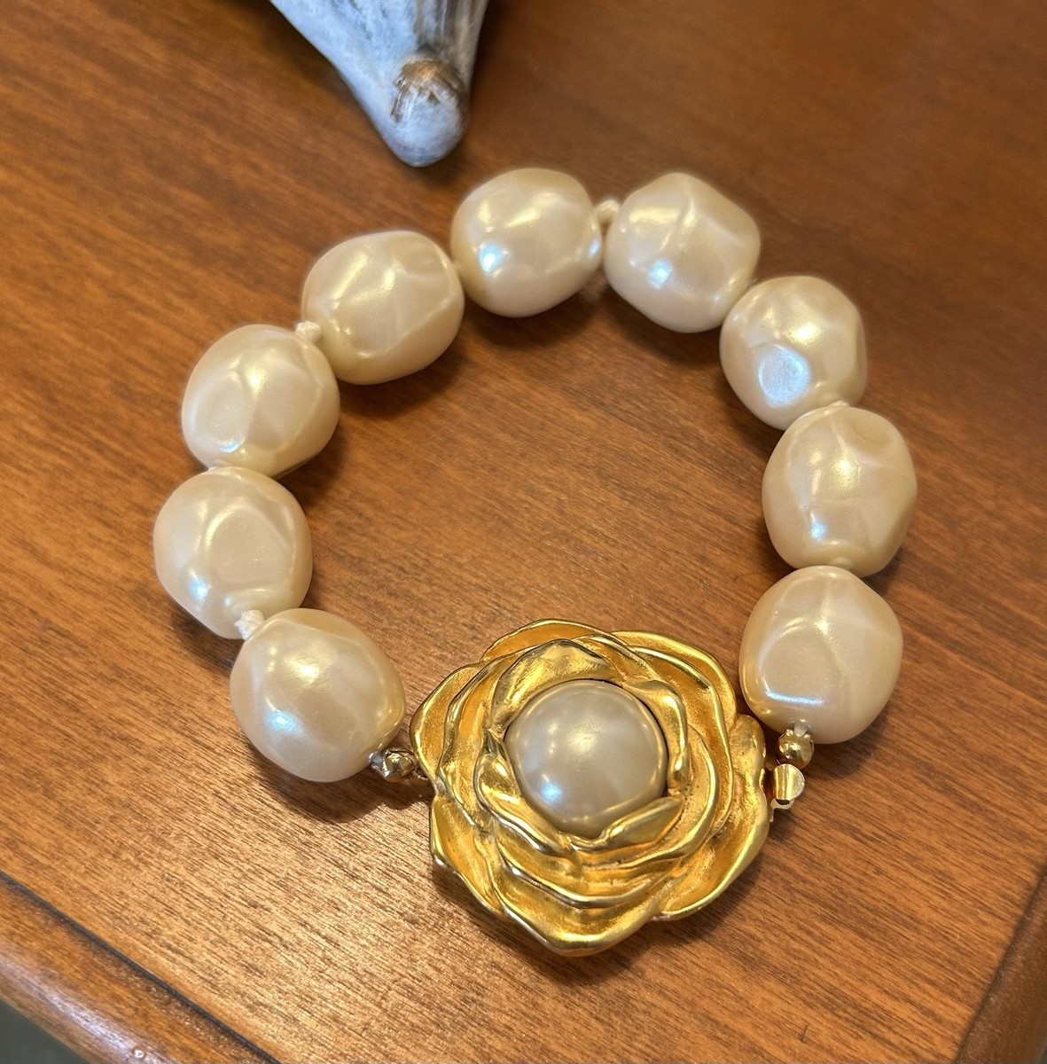 VTG Givenchy Rare Faux Baroque Pearl Bracelet W/Gilded Rose/Pearl