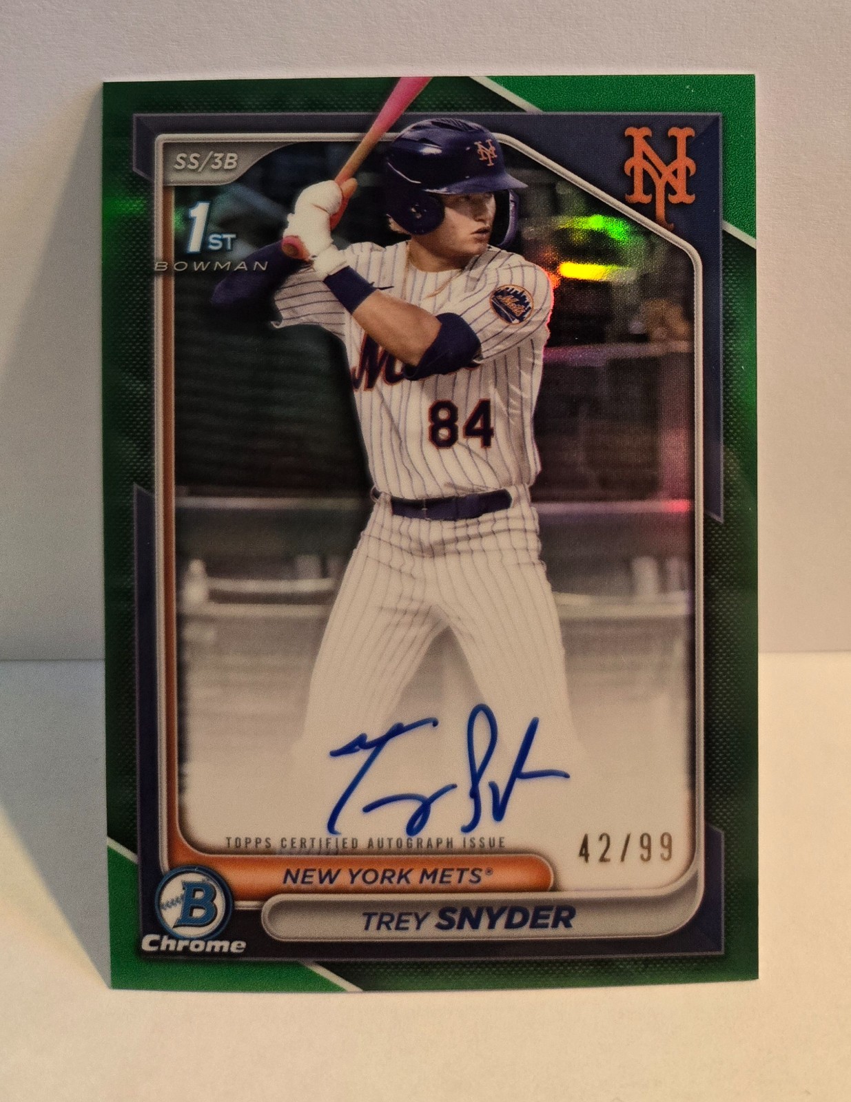 2024 Bowman Chrome Trey Snyder 1st Autograph Green Refractor /99- Prospect Mets