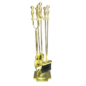Classic Traditional Elegant Vintage Heavy Shiny Brass 5-PC Fireplace Tool Set