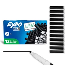Dry Erase Markers, Low Odor Ink, Black, Fine Tip, 12 Count - Whiteboard, Cale...