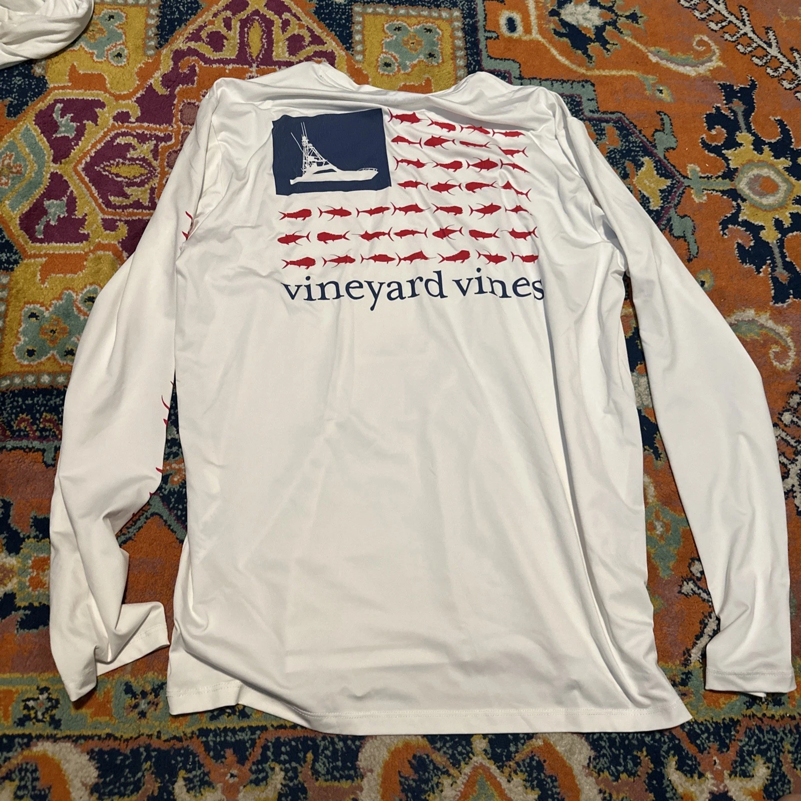 Vineyard Vines Long Sleeve White Fishing Shirt M Fishing Boat Logo Flag.