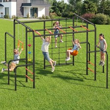 Jungle Gym Swing Set w/ Climbing Net Rope Trapeze Swing Bar Heavy Duty Outdoor