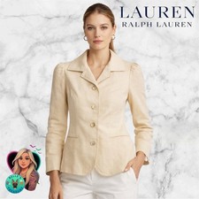 Ralph Lauren LRL Women's 8 Petite Beige 100 Linen Puff Shoulder Blazer Jacket