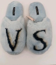 Victoria's Secret Blue Faux Fur Logo Slippers Size Medium 7-8