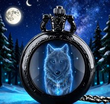 Black Wolf Pocket Watch with Chain and Quartz Movement