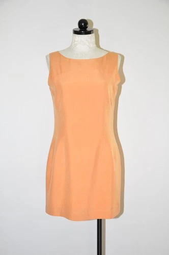 90s Vintage Pastel Orange Silk Back Buttons Sleeveless Sheath Mini Dress Women M