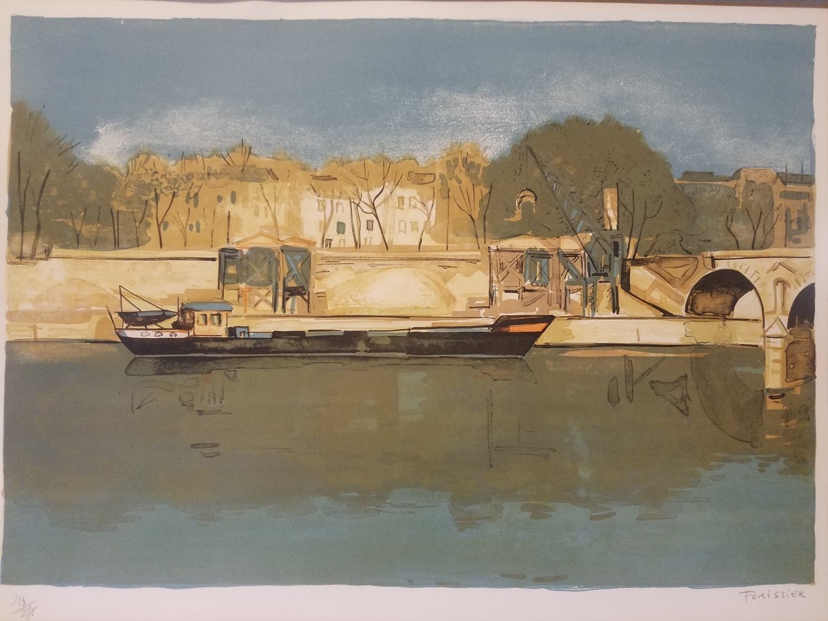 セースの河船　フォリシエ　絵画 Vintage French River Boat Scene Framed Signed Lithograph Roger