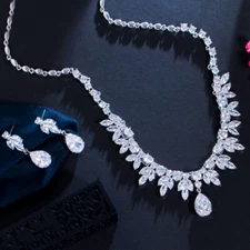 Shiny Silver Plated CZ Long Leaf Necklace Earrings Set for Women Party Jewelry 