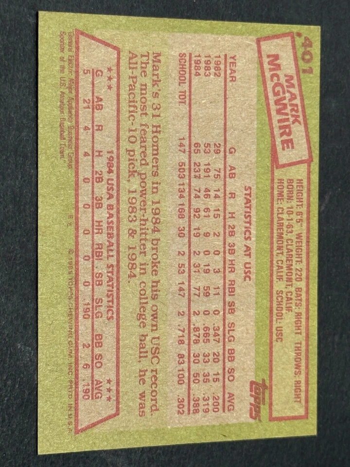 Topps #401 Mark McGWIRE 1985 autógrafo firmado a mano en tarjeta automático casi nuevo - novato - B Foto 2 de 2