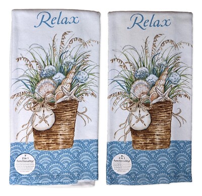 Set of 2 COASTAL SANCTUARY Sea Treasures Terry Kitchen Towels by Kay Dee Designs