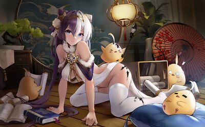 Anime girls multicolored hair stockings animals lantern Playmat Gaming Mat Desk