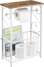 White Metal Bathroom Dual Toilet Paper Holder Stand w/ Shelf Magazine Basket