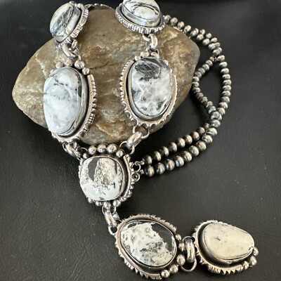 LARIAT White Buffalo Turquoise Necklace Navajo Sterling Silver 17444