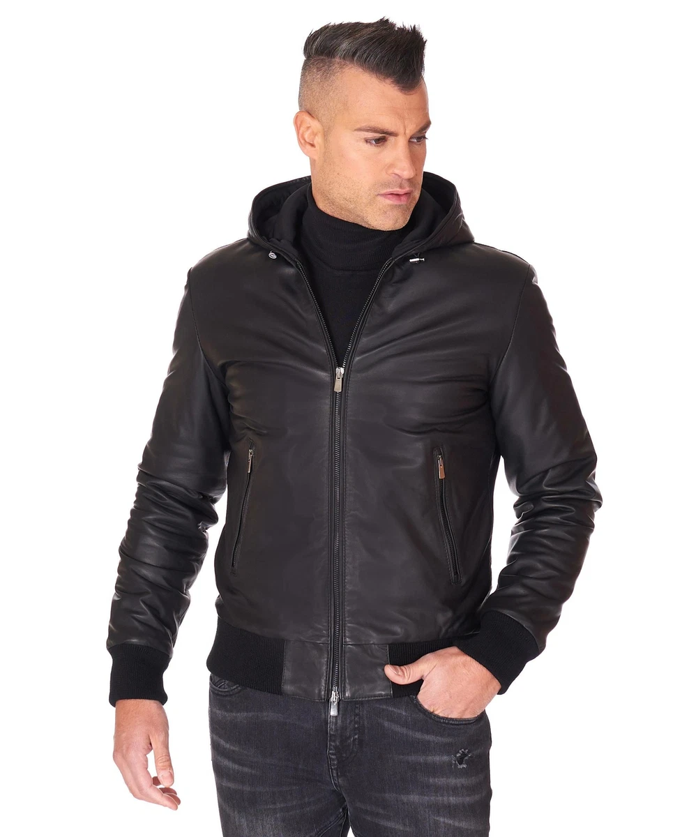 Giubbotto pelle clearance uomo con cappuccio