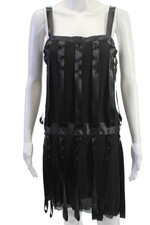 Chanel Women Black Silk Knee Length Sleeveless Square Neck Dress Button Size 38