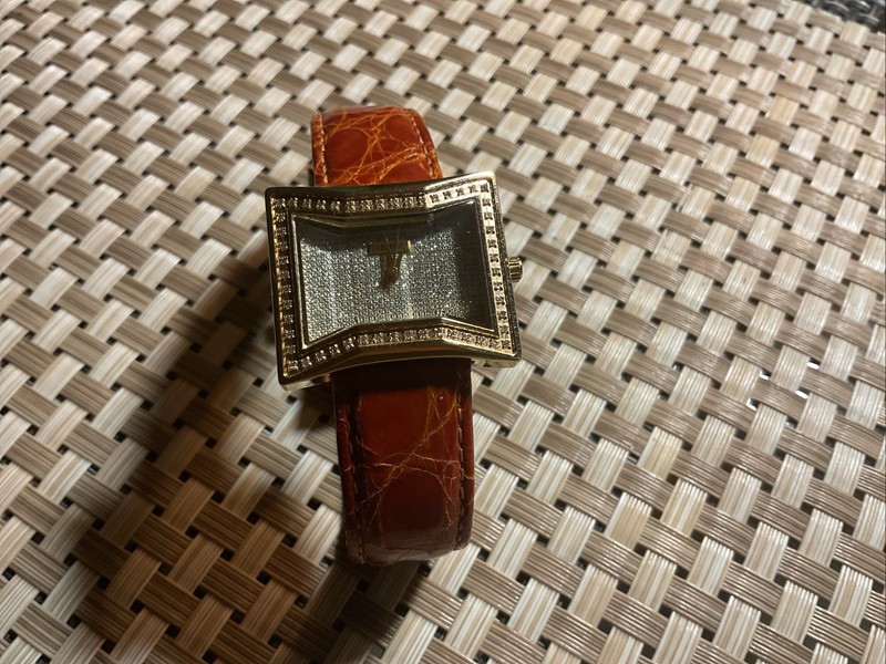 Womens Gold tone Diamond Croton Watch with Brown Crocodile Deployant Strap…