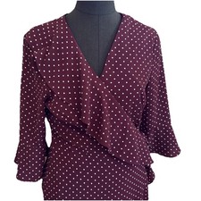 Adrianna Papell Burgundy Polka Dot Faux Wrap Ruffle Retro Style Dress Sz 12 NWT