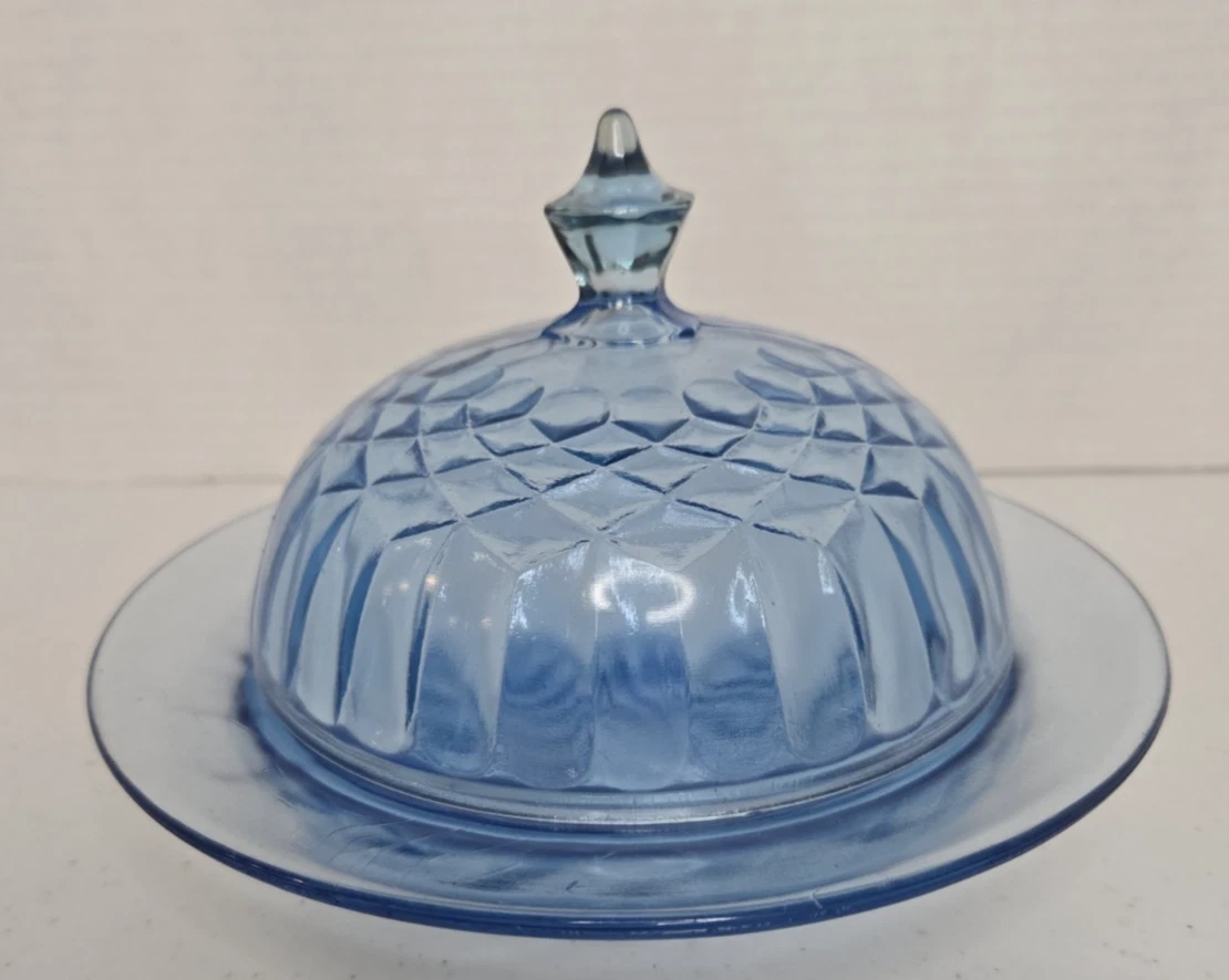 Aunt Polly Round Depression Glass Blue Butter Dish w/lid
