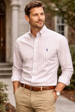 Ralph Lauren Yarmouth Shirt Mens 16 34 Red Blue Stripe Button Down Classic Fit