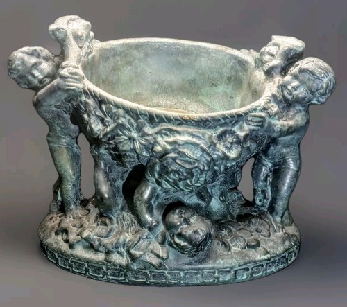 Stunning & Rare Antique Plaster Planter Cherubs Tipping Tub With Floral Motif