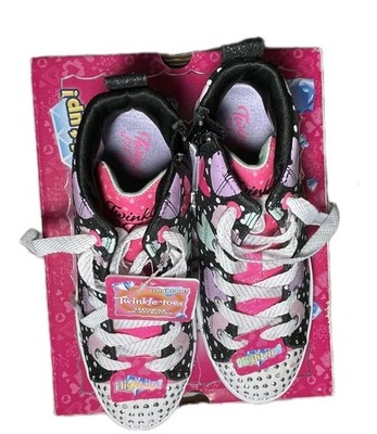 New Girls Skechers Twinkle Toes Light Up Spotty Hearts Black High top Shoes 2.5
