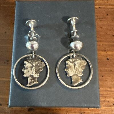 Vintage Hobe Art Carved Openwork Mercury Dimes Screw Back Earrings