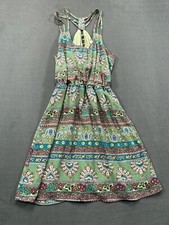 hello miss Womens Juniors Small Boho Dress Green Paisley Maxi Strappy Empire