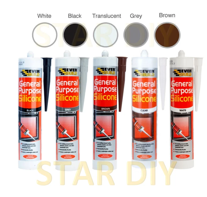 EVERBUILD General Purpose Silicone C3 Cartridge 280ml Sealant Clear White Brown Black Grey