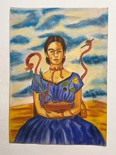 Frida Kahlo Drawing on paper (Handmade) signed and stamped mixed media.