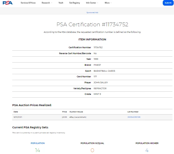 1993-94 Topps Finest Refractor #177 John Salley SP PSA 9 *только на 4 выше* - Изображение 3 из 3