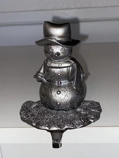 Pewter Metal Snowman  W/ Hat Christmas Fireplace Mantle Stocking Holder Hanger