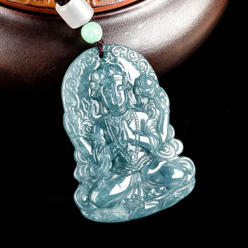 Collar Amuleto Buda Jade Natural Jadeíta Cuatro Brazos Guanyin Colgante de la Suerte Foto 3 de 4